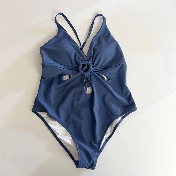 [Sociala] Blue One Piece Cutout O-Ring Tie Back Swimsuit V-Neck Size Large L - Picture 3 of 10